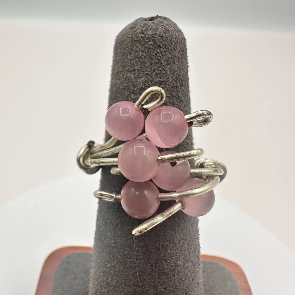 Vintage Y2K Silver Tone Pink Beaded Wire Wrapped Ring Boho Statement Jewelry